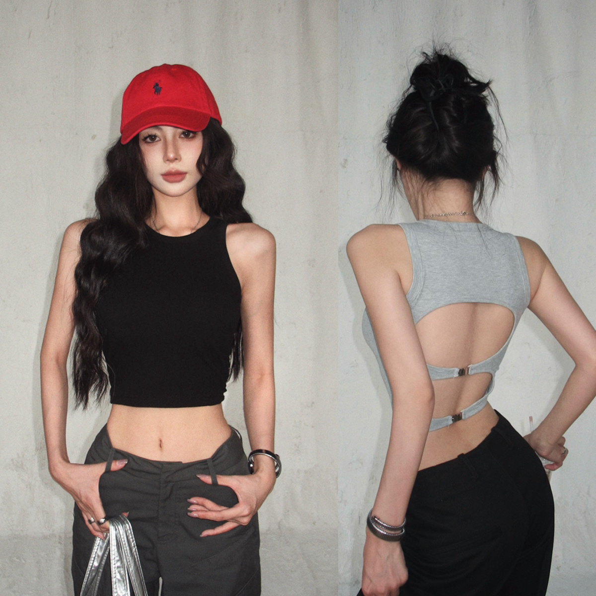 美式辣妹带胸垫外穿吊带背心女夏季镂空露背修身内搭无袖短款上衣