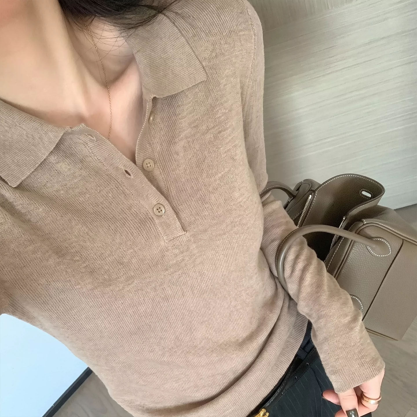 法式polo领长袖针织衫老钱风上衣