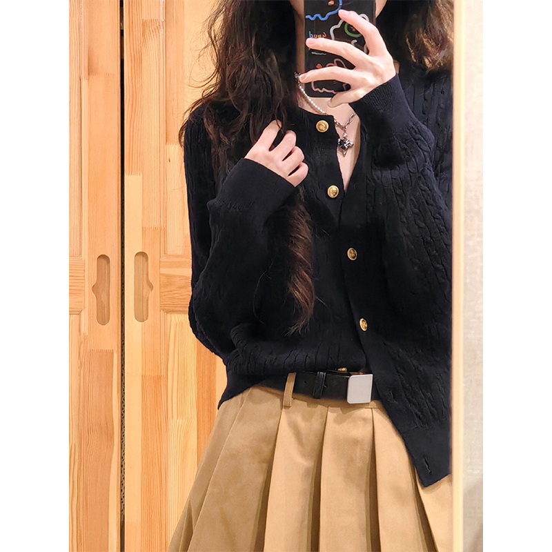 美式复古藏青色麻花针织开衫女秋冬薄款外搭毛衣外套宽松内搭上衣