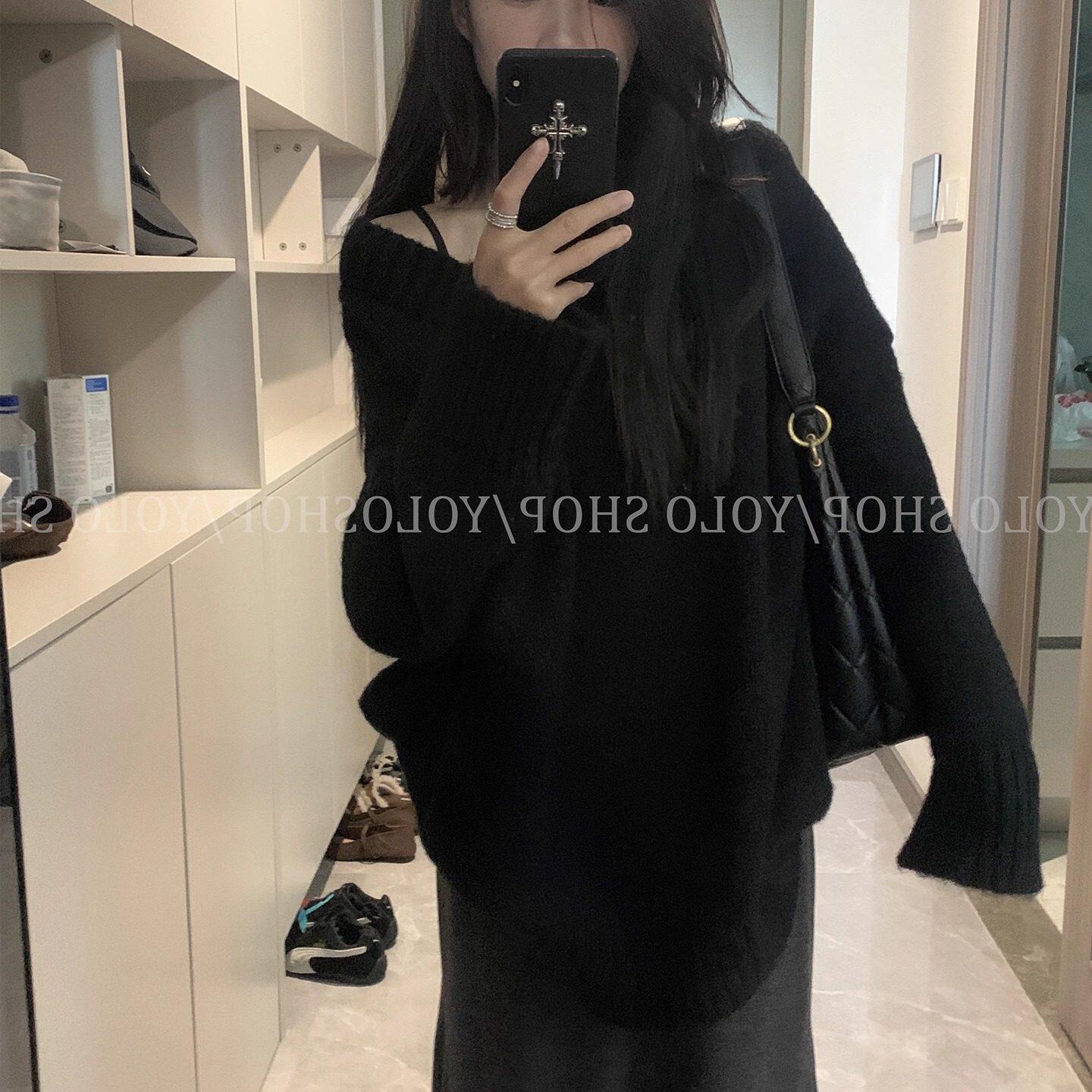 慵懒松弛感v领中长款毛衣针织衫