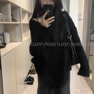 韩系黑色v领中长款毛衣女秋冬慵懒松弛感宽松加厚针织衫内搭上衣