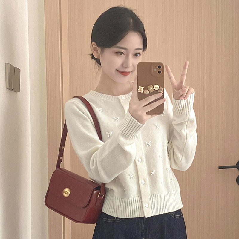 韩系巨好看白色蝴蝶结针织开衫女秋冬设计感修身短款毛衣外套上衣