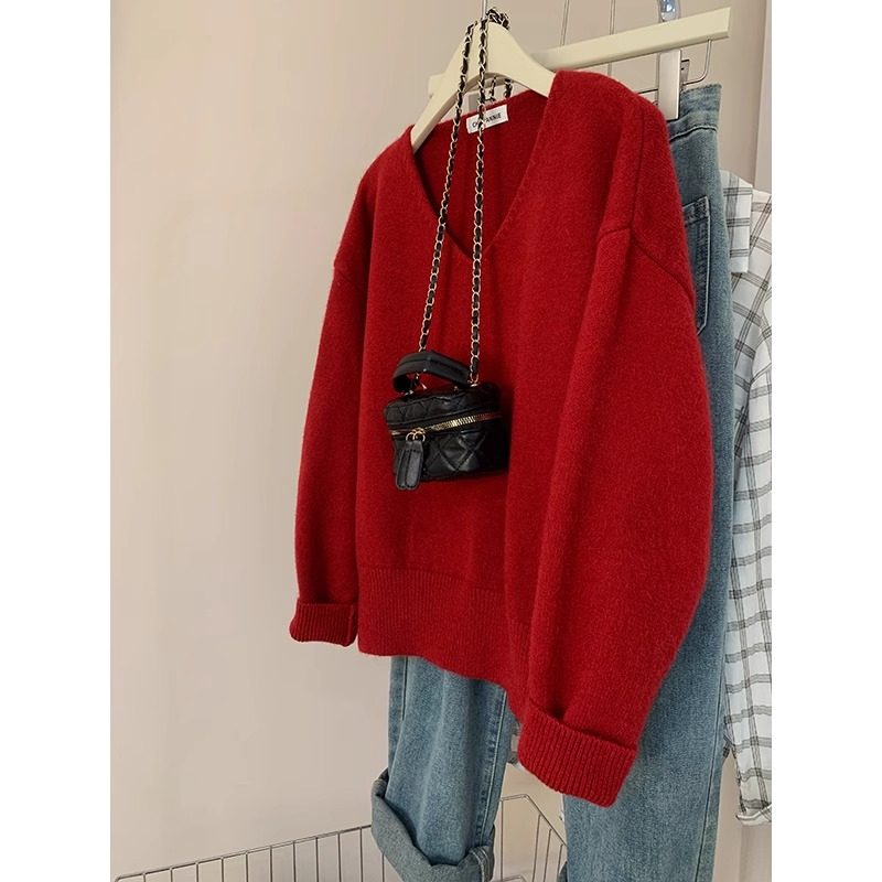 圣诞新年红色V领针织内搭打底衫女秋冬高级感宽松慵懒风套头毛衣