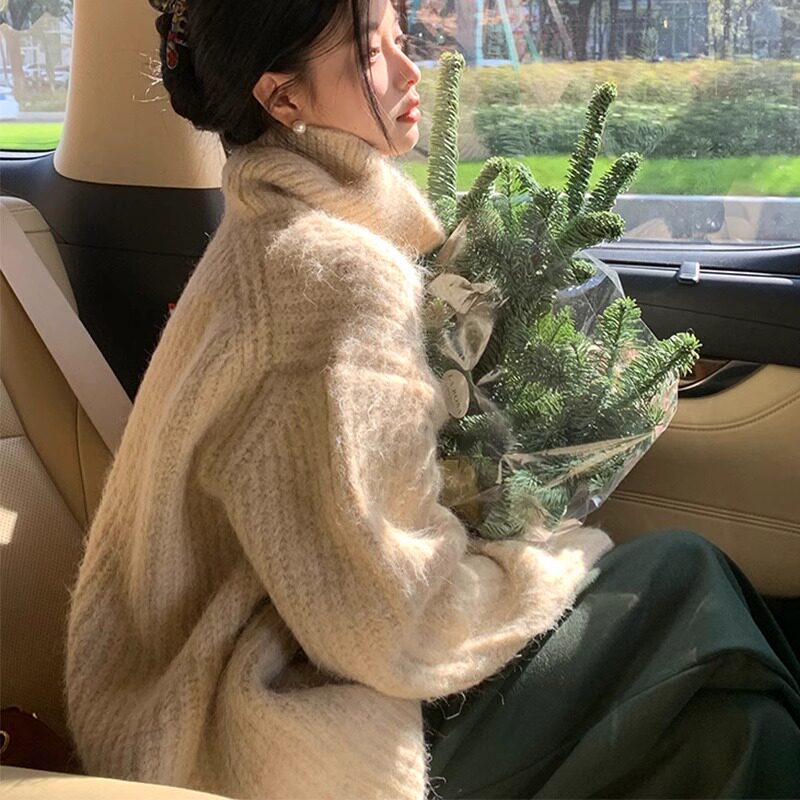 复古宽松慵懒风高领毛衣女2025秋冬新款高级感超好看加厚针织上衣