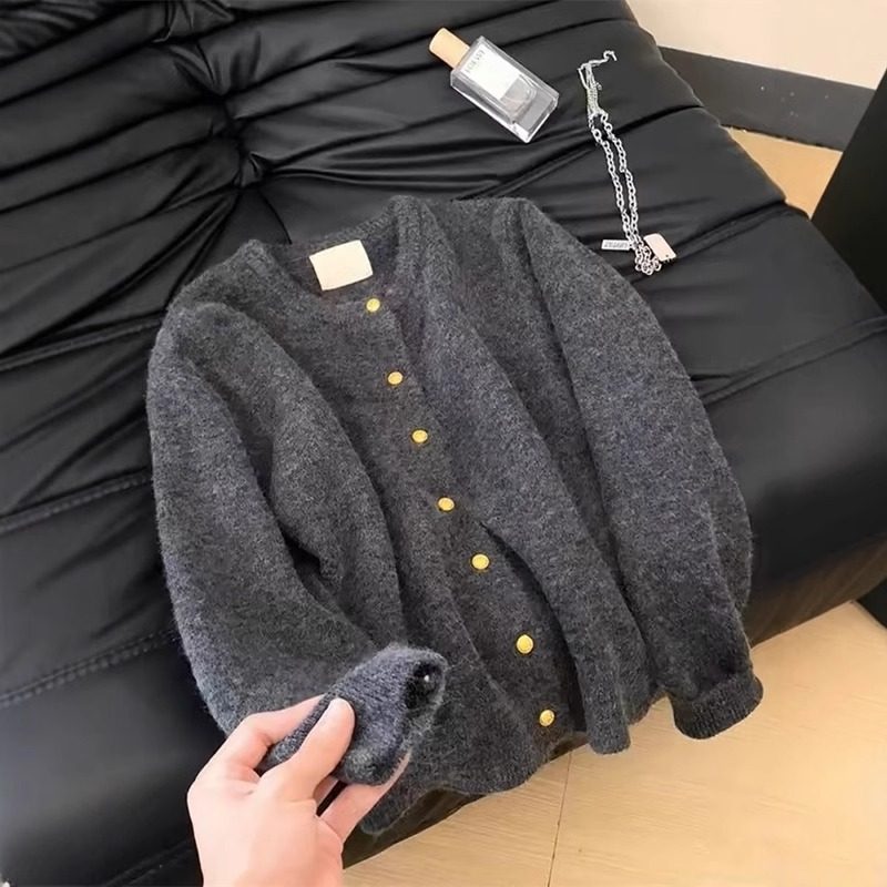 欧货灰色浣熊绒针织开衫女初冬穿搭高级感宽松毛衣外套气质上衣薄