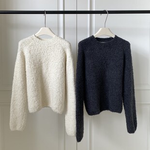 韩国东大门宽松慵懒风套头毛衣女秋冬季新款纯色圆领毛茸茸针织衫