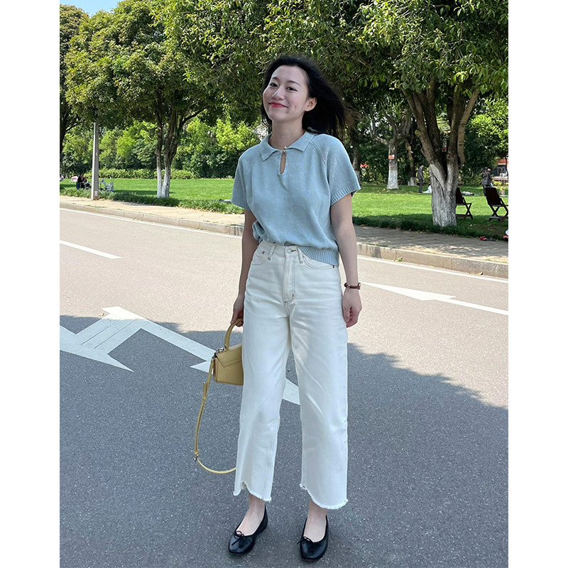 蓝色镂空冰丝短袖polo衫女夏季气质穿搭正肩翻领短款针织t恤上衣