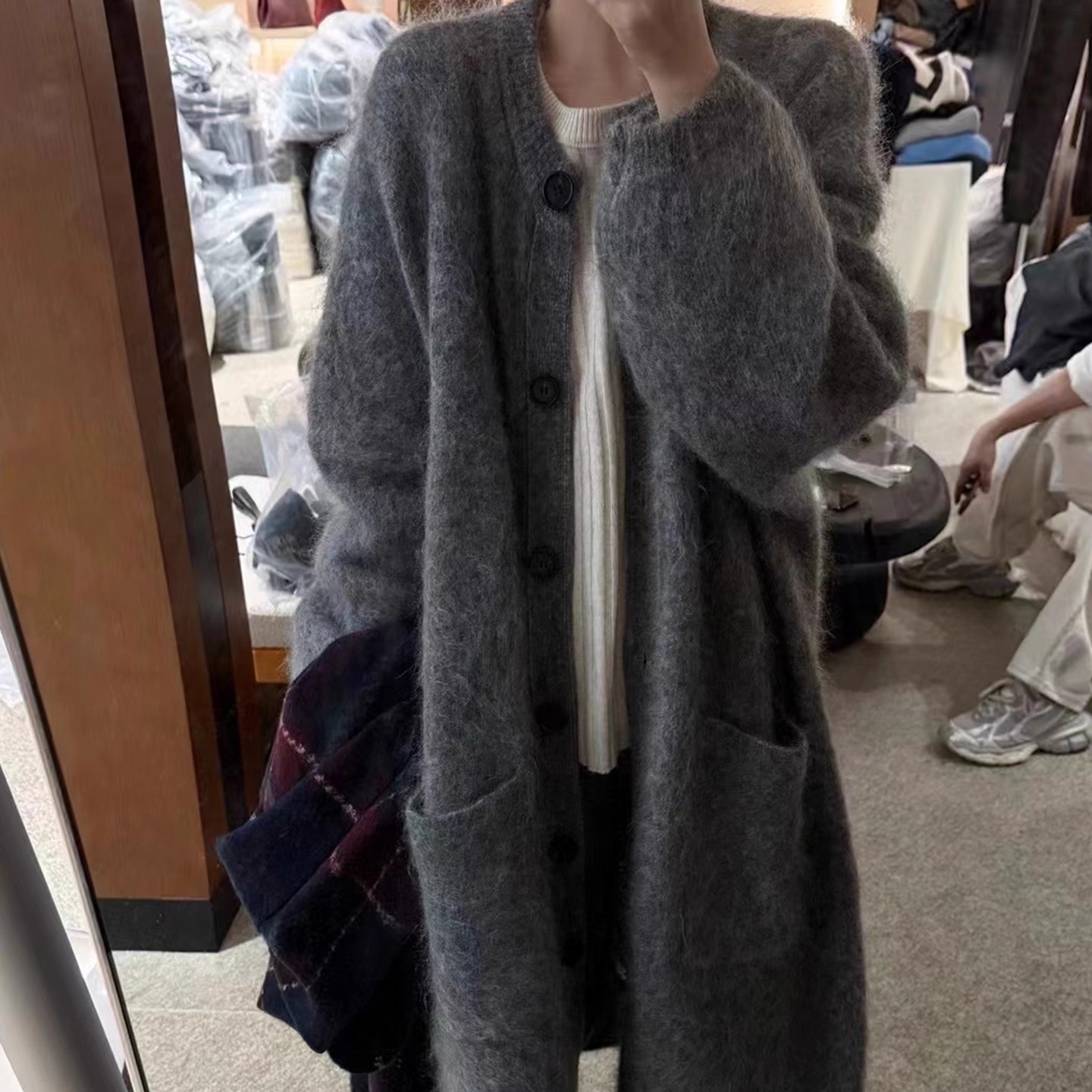 韩系慵懒灰色长款毛衣外套女秋冬老钱风宽松加厚针织大衣开衫上衣