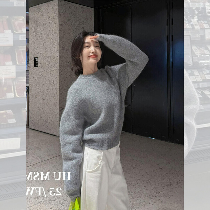 韩系灰色浣熊绒圆领毛衣女秋冬小个子宽松加厚套头针织衫内搭上衣