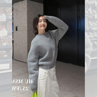 韩系灰色浣熊绒圆领毛衣女秋冬小个子宽松加厚套头针织衫内搭上衣