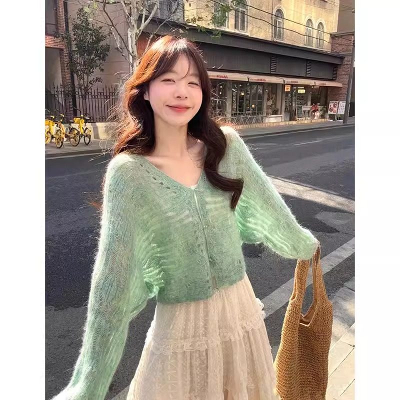 薄荷绿色V领镂空针织开衫女春季马海毛宽松披肩罩衫薄款上衣外套