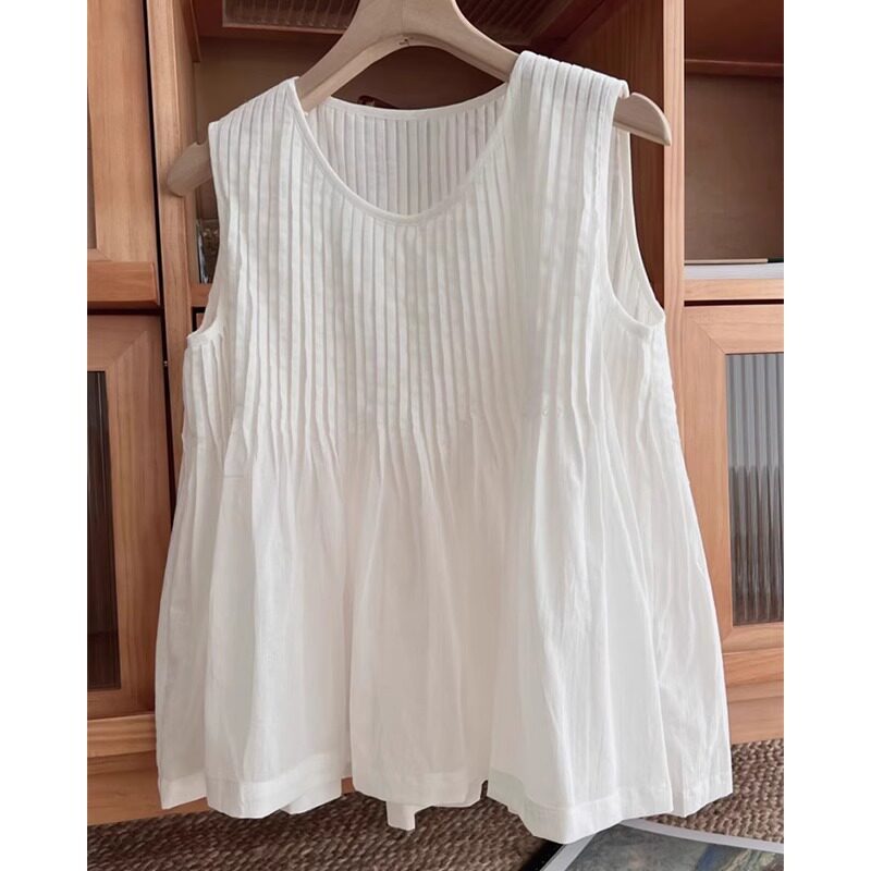 法式白色压褶无袖棉麻衬衫女夏季外穿吊带背心宽松薄款娃娃衫上衣