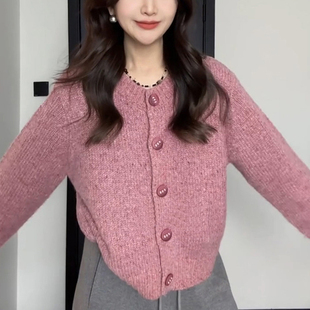 小香风粉色软糯毛衣外套女秋冬高级感慵懒宽松针织开衫巨好看上衣