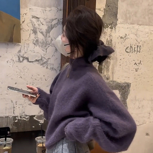 氛围感紫色高领毛衣女秋冬慵懒高级感宽松软糯针织衫内搭加厚上衣