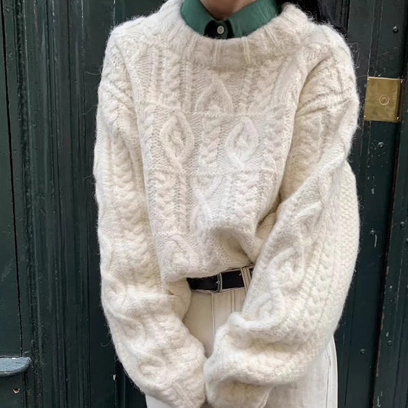 杏色粗针加厚麻花毛衣女秋冬季老钱慵懒风重工宽松短款针织衫上衣