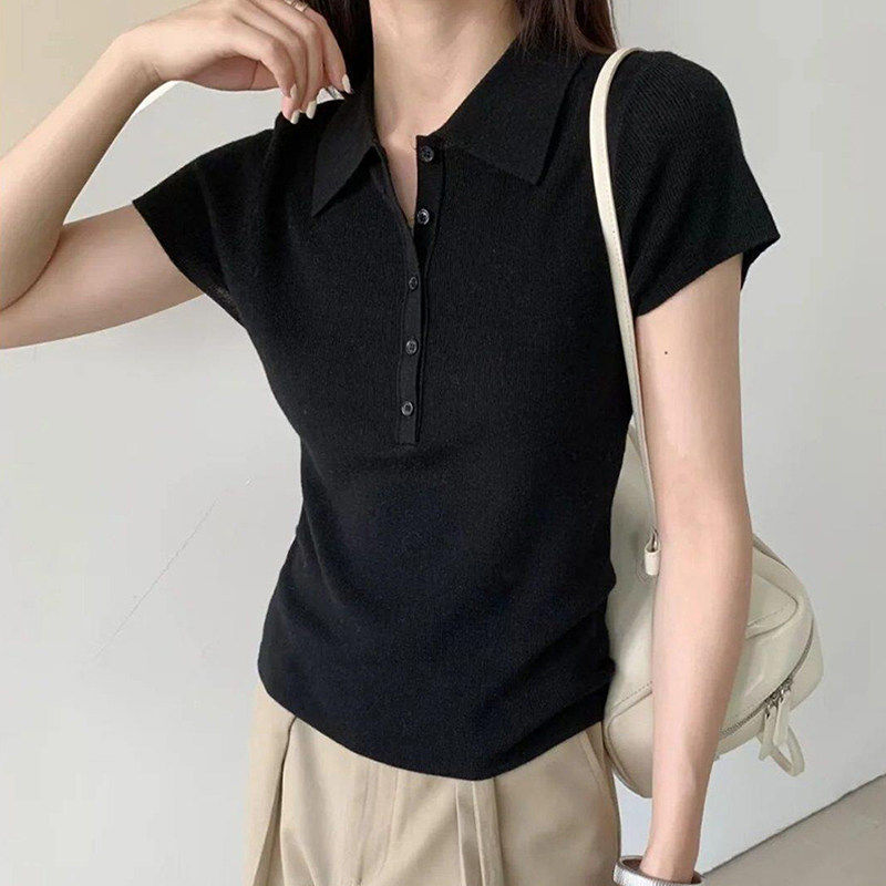 淡人高知黑色polo衫短袖t恤女夏季老钱风穿搭修身冰丝针织衫上衣