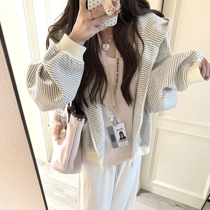 美式复古条纹连帽卫衣外套女秋冬慵懒风宽松拉链开衫oversize上衣