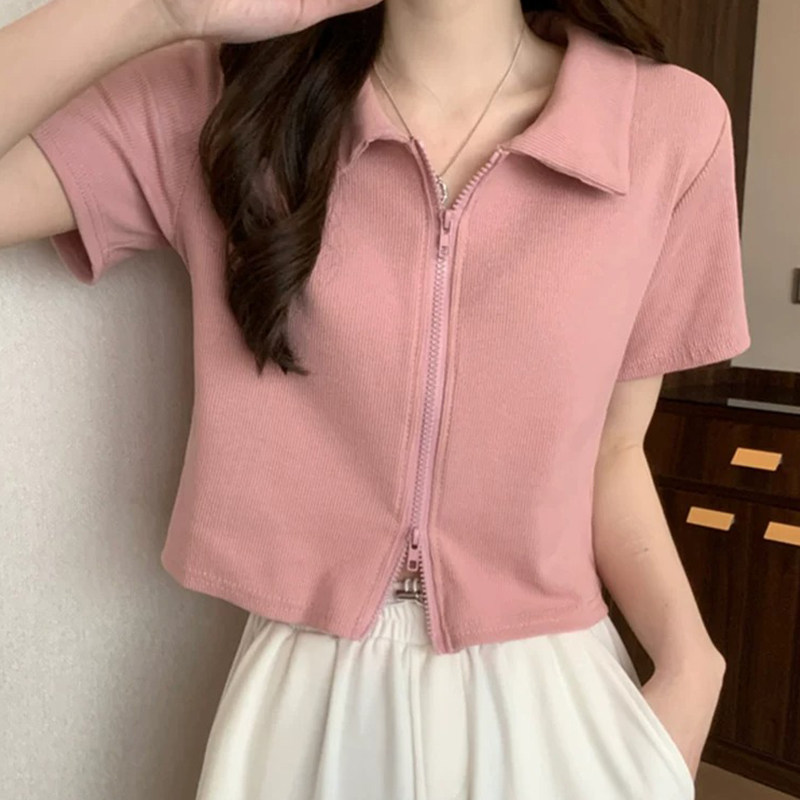 韩系粉色双拉链polo翻领短袖t恤女夏季穿搭宽松短款露脐开衫上衣