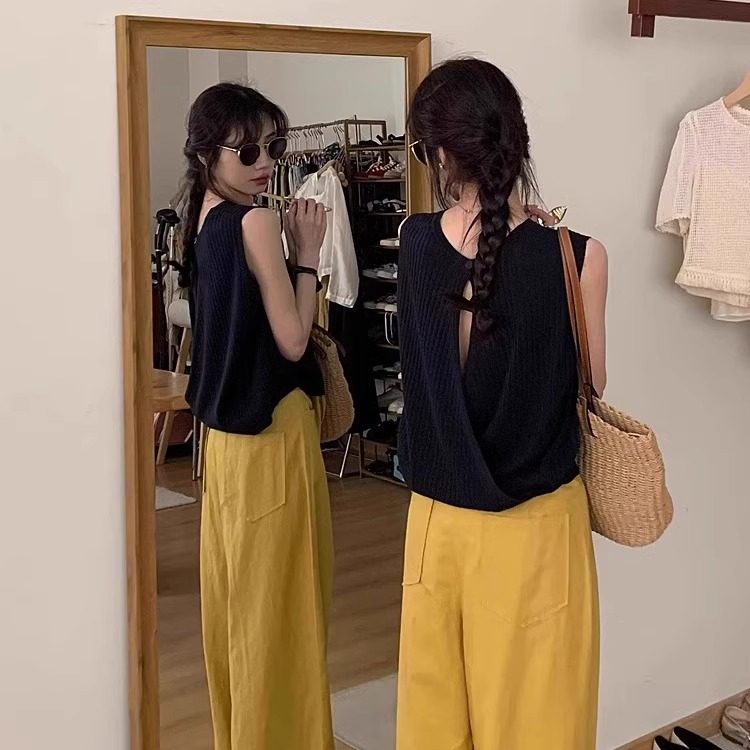 韩系黑色后背镂空吊带背心女夏季外穿设计感冰丝无袖短款针织上衣