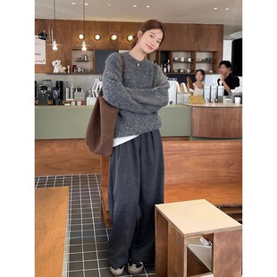韩系灰色浣熊绒圆领套头毛衣女冬季高级感外穿宽松羊毛针织衫上衣