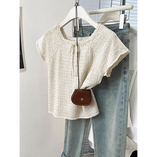 蝴蝶结方领正肩针织短袖t恤女夏季设计感小众小个子镂空短款上衣