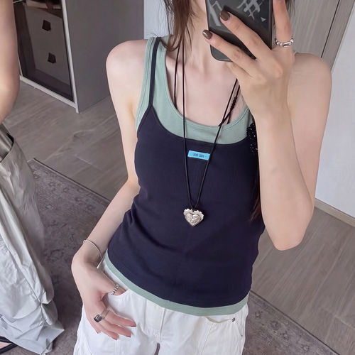 韩系撞色假两件u领吊带背心女夏