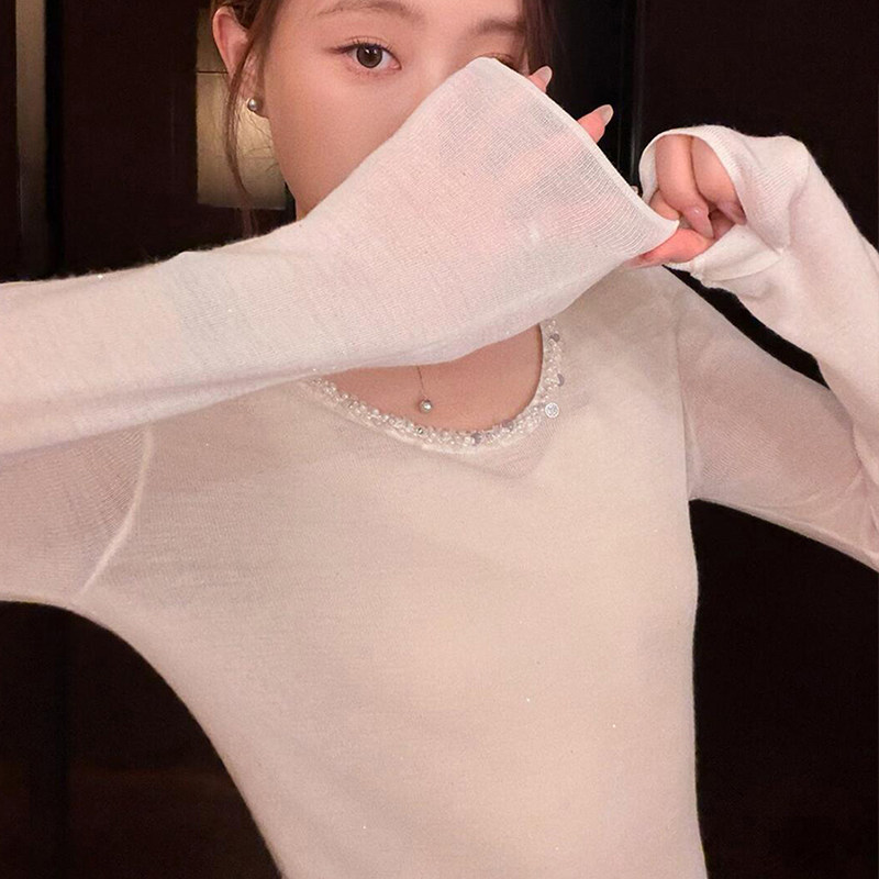 法式小香风白色钉珠针织衫女春季高级感修身打底衫皮草内搭上衣薄