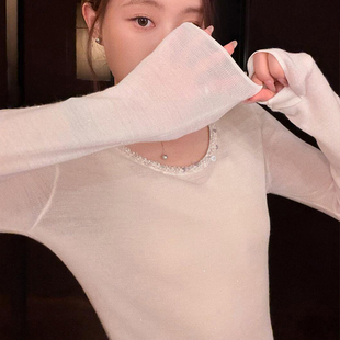 打底衫 法式 高级感修身 女春季 皮草内搭上衣薄 小香风白色钉珠针织衫