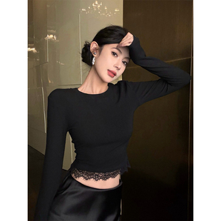 辣妹黑色短款蕾丝内搭打底衫女秋冬季高级感修身磨毛长袖t恤上衣