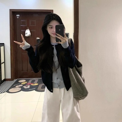 假两件撞色针织开衫短款毛衣外套