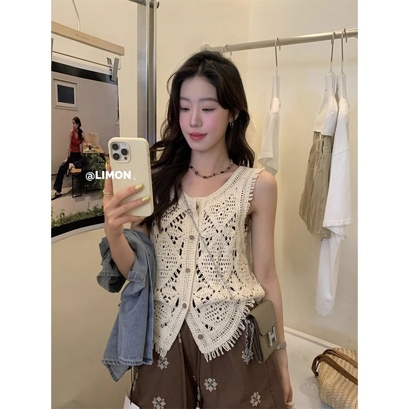 波西米亚钩花镂空针织马甲女夏季设计感叠穿无袖背心罩衫杏色上衣