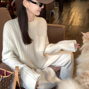 韩系白色软糯套头毛衣女深秋初冬巨好看慵懒宽松针织衫内搭上衣厚
