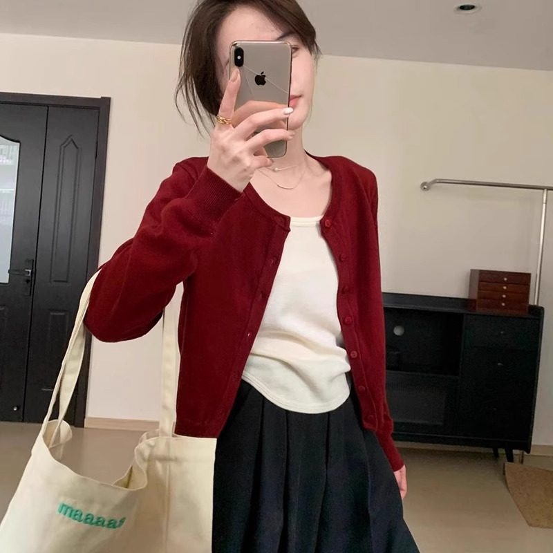 韩系外搭安可拉红色开衫女2025秋季宽松短款针织外套薄款毛衣上衣