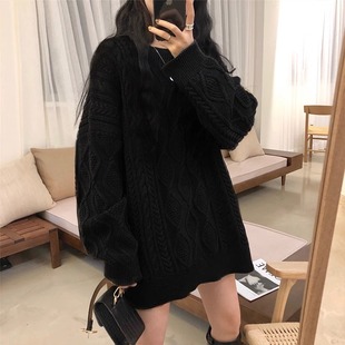 韩系复古黑色麻花毛衣女秋冬2025新款宽松慵懒风中长款针织衫上衣