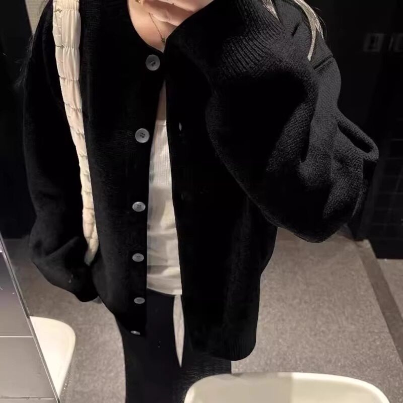 黑色毛衣简约宽松针织开衫上衣厚