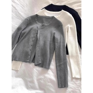 气质灰色针织打底开衫女早秋修身显瘦短款毛衣外套miu系穿搭上衣