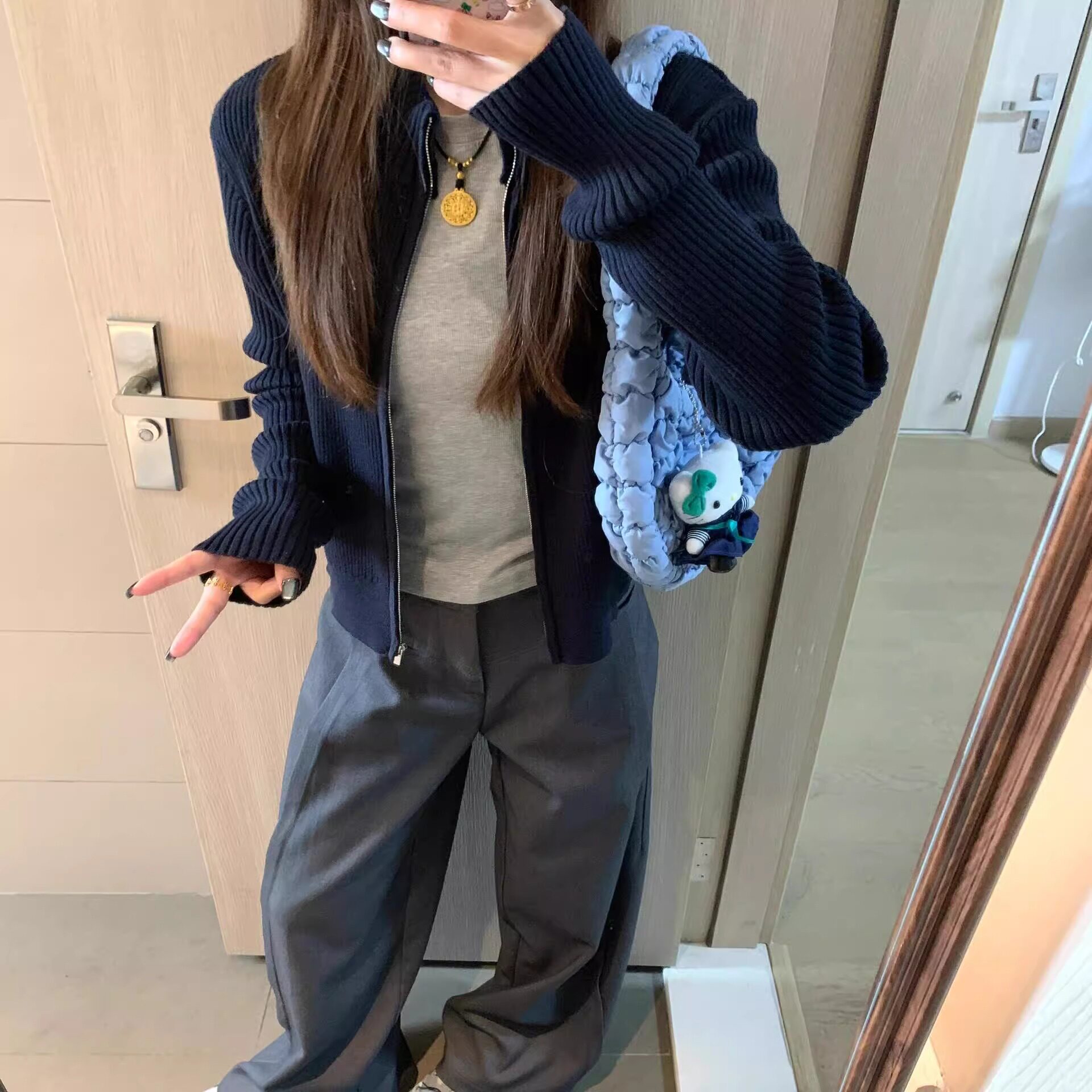 复古藏青色立领拉链针织开衫女秋