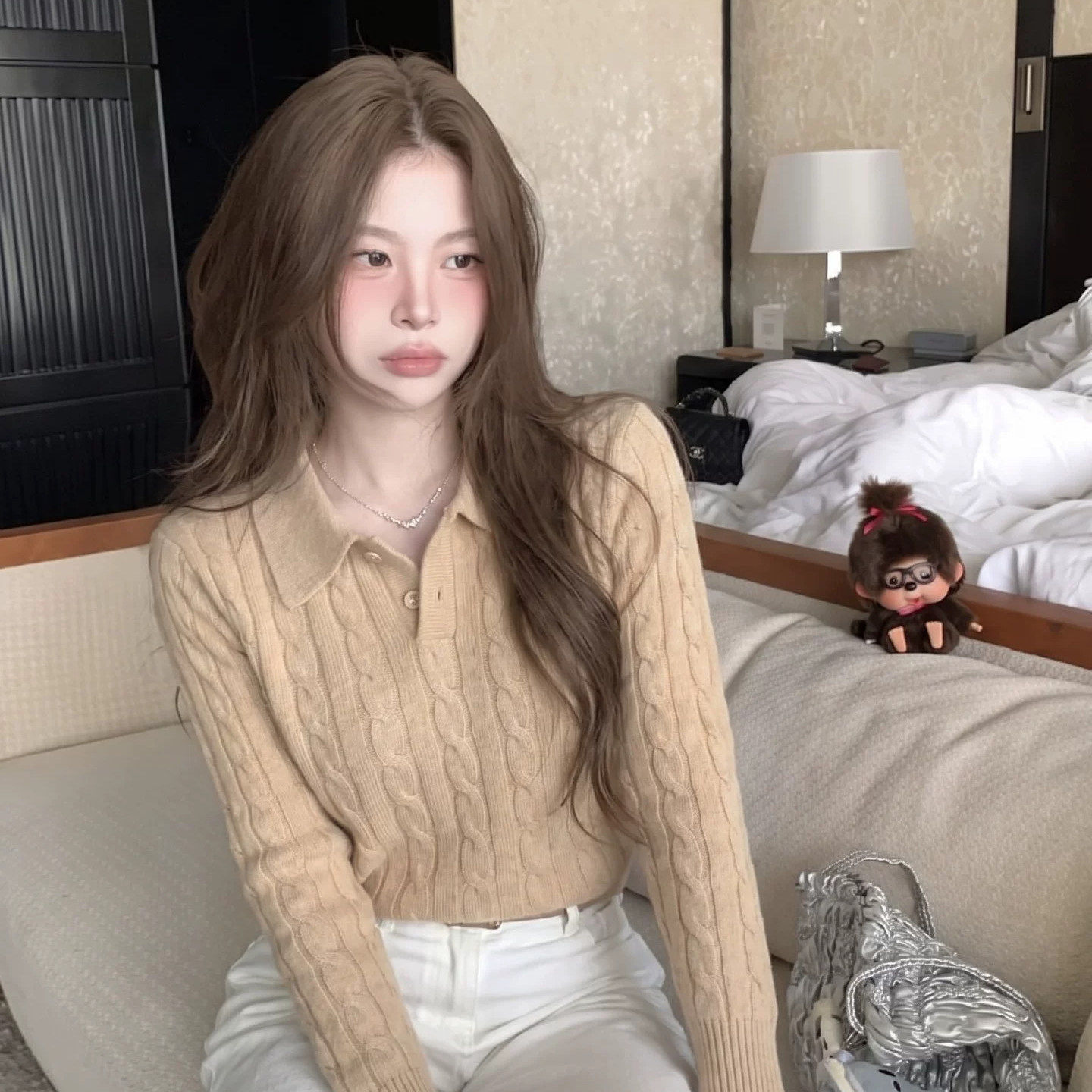 温柔polo衫翻领麻花针织衫上衣女