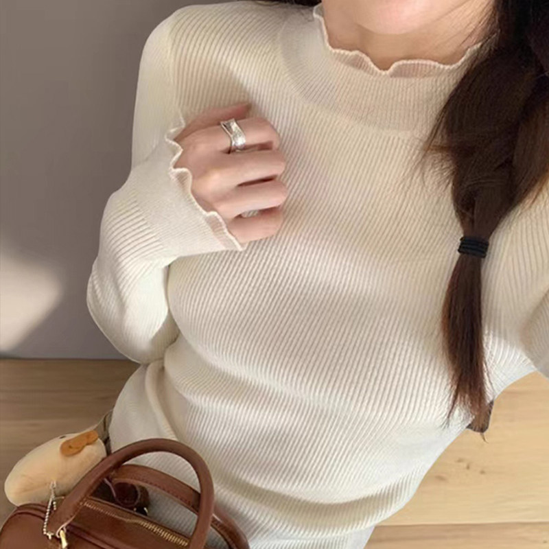 白色半高领木耳边内搭打底衫女秋冬绝美巨好看高级感修身针织上衣