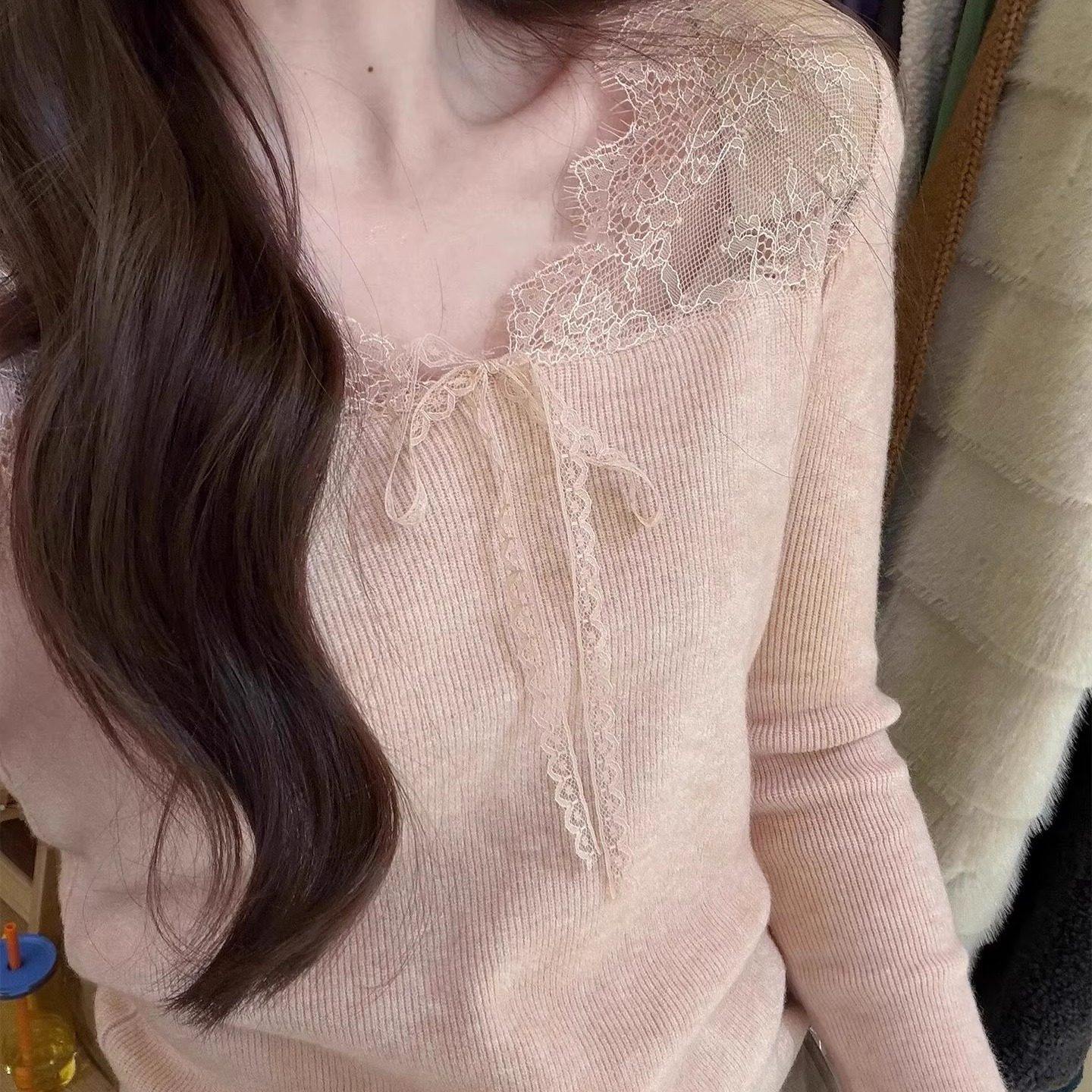 韩系粉色蕾丝v领针织衫女秋冬小个子绝美巨好看修身内搭打底上衣
