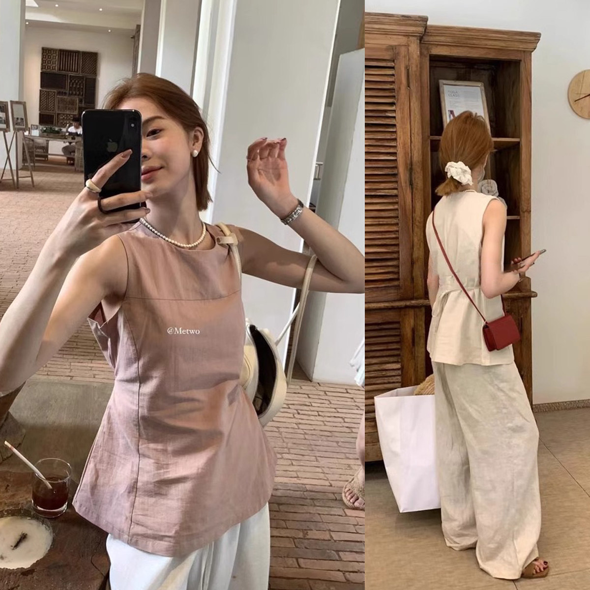 韩系粉色掐腰小吊带背心女夏季设计感中长款后背绑带修身无袖上衣