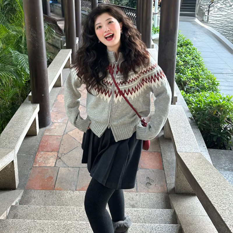 费尔岛双拉链立领毛衣外套女秋冬慵懒高级感宽松针织开衫灰色上衣