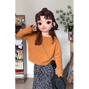 韩版圆领套头毛衣女秋季新款小个子宽松软糯慵懒风外穿针织衫上衣