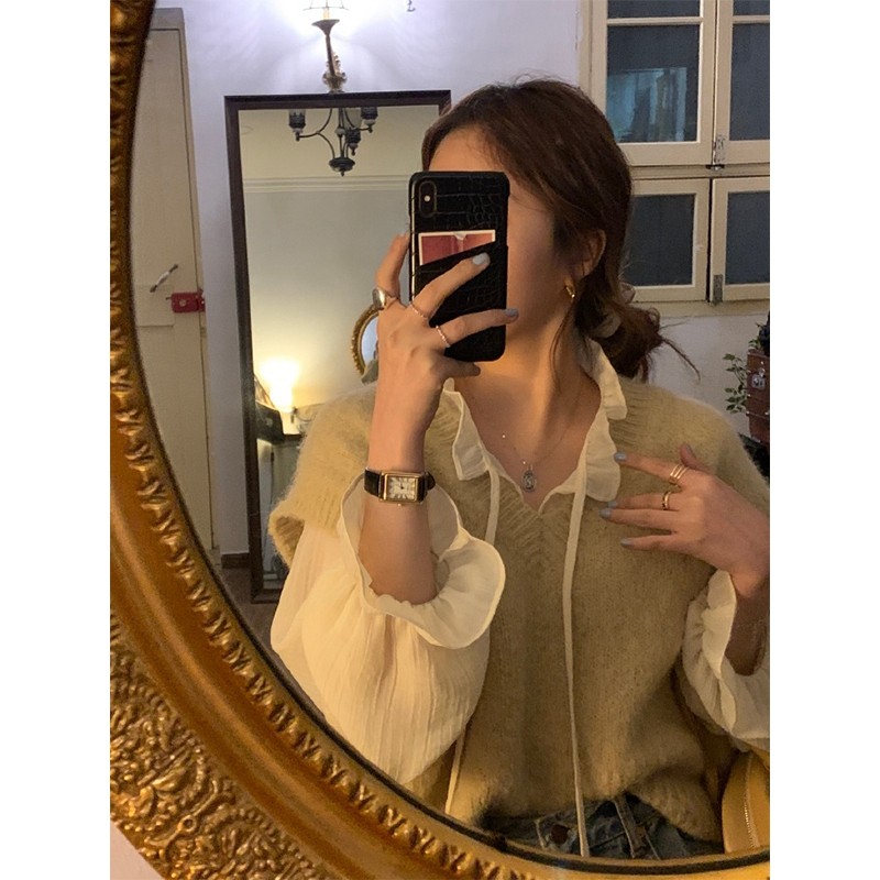 港味复古V领毛衣背心女秋季法式叠穿针织马甲坎肩无袖落肩上衣ins