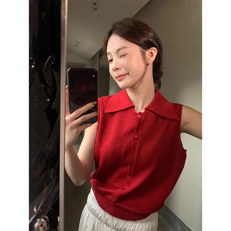 红色polo翻领冰丝针织马甲女夏季老钱风穿搭收腰短款无袖背心上衣