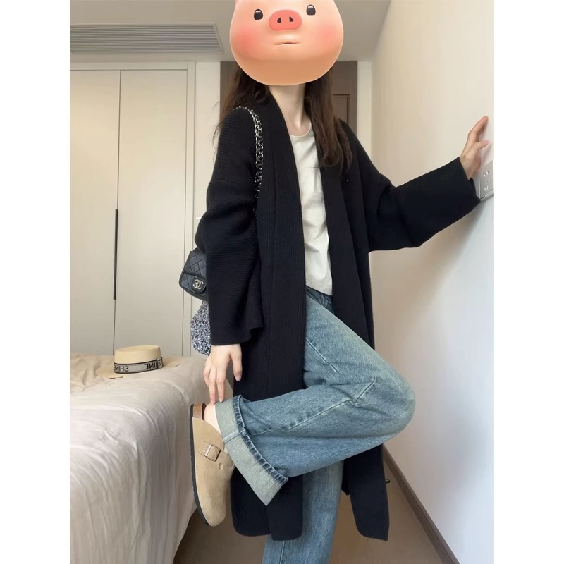 港风复古慵懒风宽松黑色针织开衫女秋冬高级感外穿中长款毛衣外套