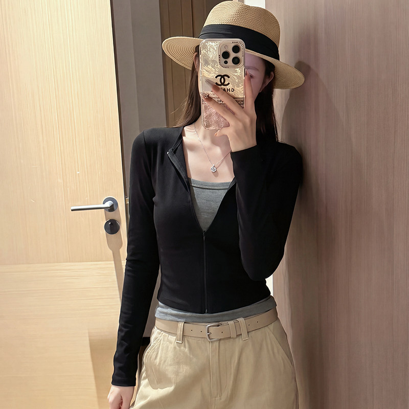 假两件半拉链长袖t恤修身上衣女