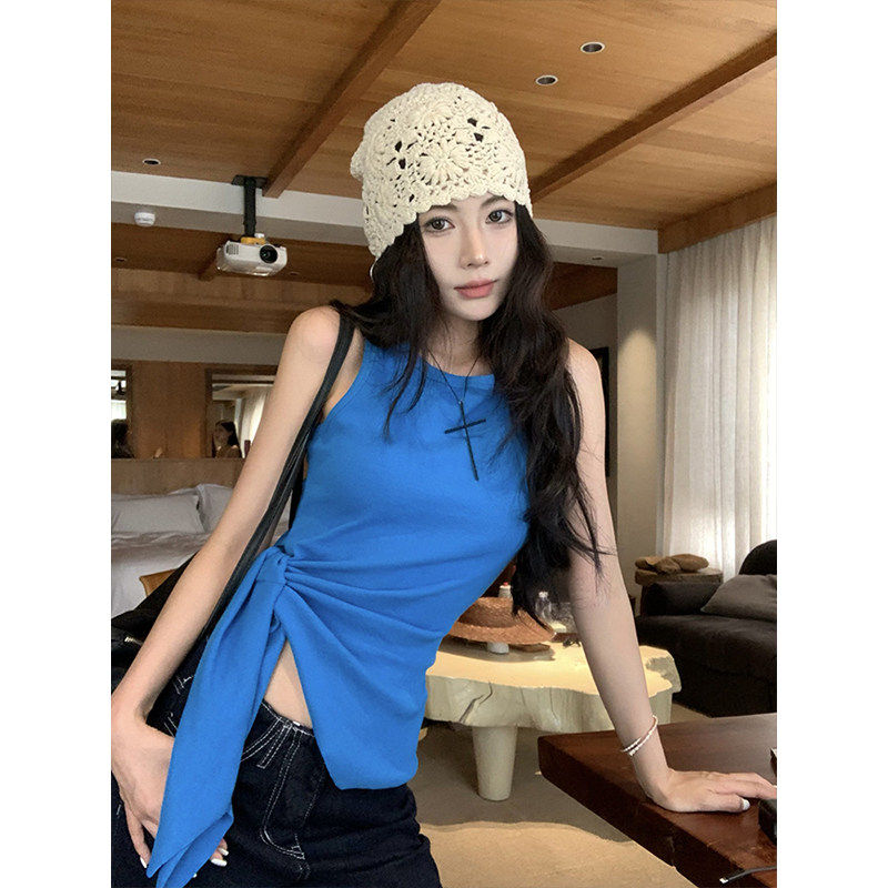 泰式蓝色外穿吊带背心女夏海边穿搭设计感绑带收腰无袖多巴胺上衣