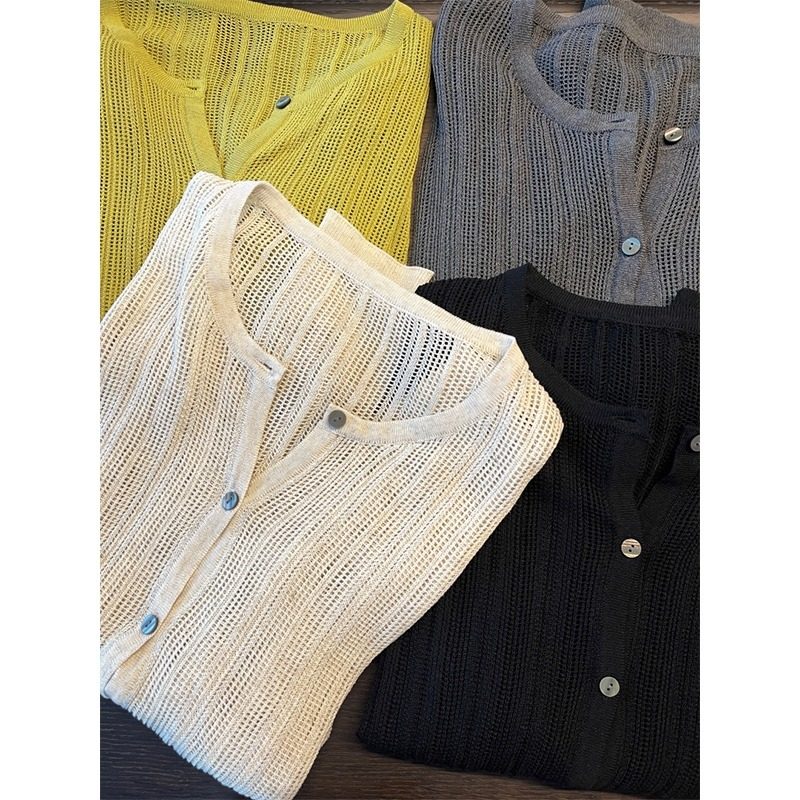 夏薄款镂空圆领冰丝防晒针织开衫女法式气质内搭吊带空调罩衫外套