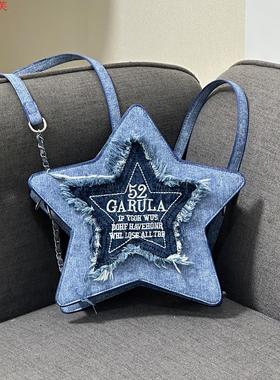 HIATUS原创设计牛仔蓝五角星双肩包刺绣字母流苏Y2K斜挎包